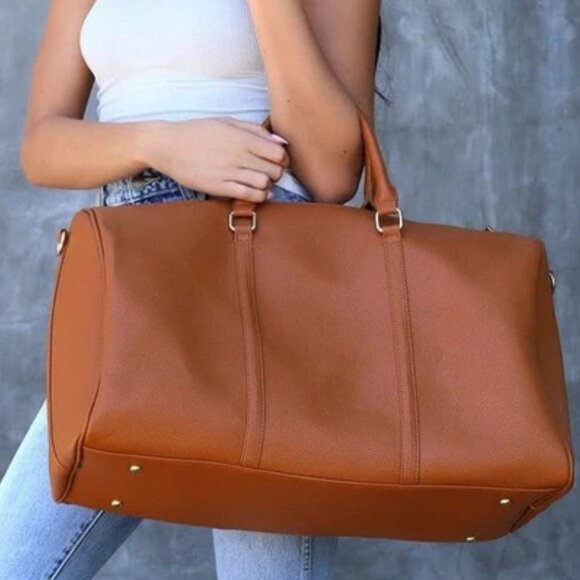 Camel Brown Vegan Leather Duffel Bag Travel Weekender Gym Bag w